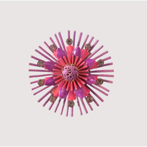 Jewelry - Vintage Starburst Pin Pink Purple Flower Crystals Statement Brooch Metal 2.5 In